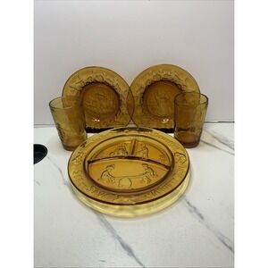 8pc Vintage Tiara Amber Glass Nursery Rhyme Set Mother Goose